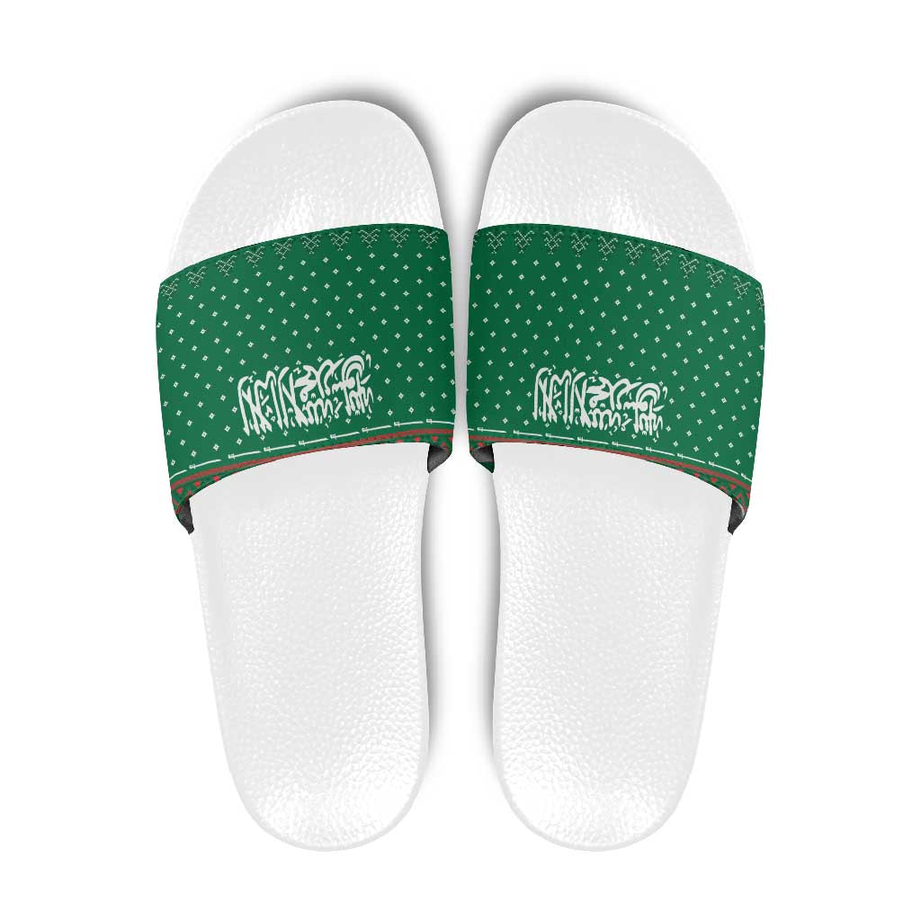 Saudi Arabia Christmas Slide Sandals with Green Pattern, Traditional Script Motif, and Camel Caravan Silhouette - Wonder Print Shop