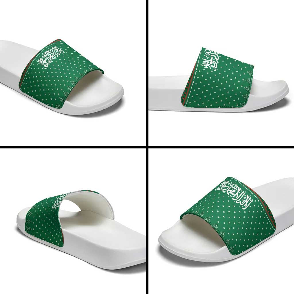 Saudi Arabia Christmas Slide Sandals with Green Pattern, Traditional Script Motif, and Camel Caravan Silhouette - Wonder Print Shop