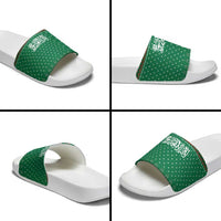 Saudi Arabia Christmas Slide Sandals with Green Pattern, Traditional Script Motif, and Camel Caravan Silhouette - Wonder Print Shop
