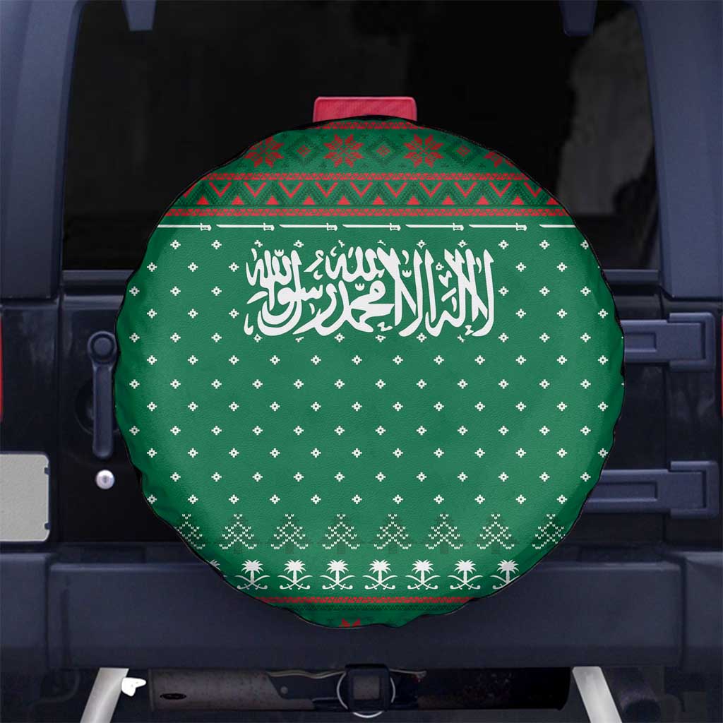 Saudi Arabia Christmas Spare Tire Cover with Green Pattern, Traditional Script Motif, and Camel Caravan Silhouette - Wonder Print Shop