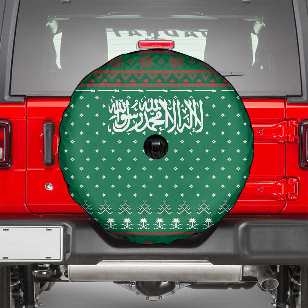 Saudi Arabia Christmas Spare Tire Cover with Green Pattern, Traditional Script Motif, and Camel Caravan Silhouette - Wonder Print Shop