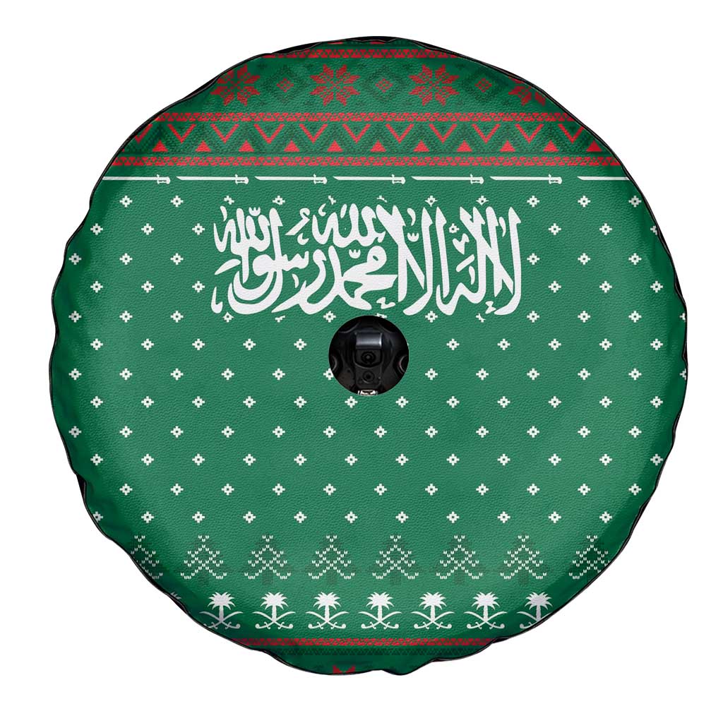 Saudi Arabia Christmas Spare Tire Cover with Green Pattern, Traditional Script Motif, and Camel Caravan Silhouette - Wonder Print Shop