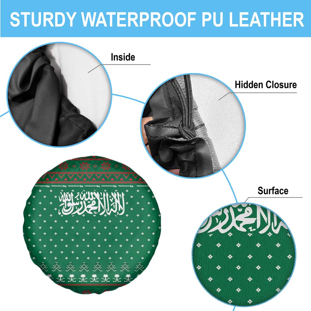 Saudi Arabia Christmas Spare Tire Cover with Green Pattern, Traditional Script Motif, and Camel Caravan Silhouette - Wonder Print Shop