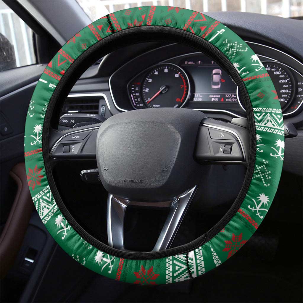 Saudi Arabia Christmas Steering Wheel Cover with Green Pattern, Traditional Script Motif, and Camel Caravan Silhouette - Wonder Print Shop