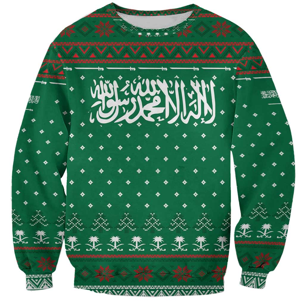 Saudi Arabia Christmas Sweatshirt with Green Pattern, Traditional Script Motif, and Camel Caravan Silhouette - Wonder Print Shop