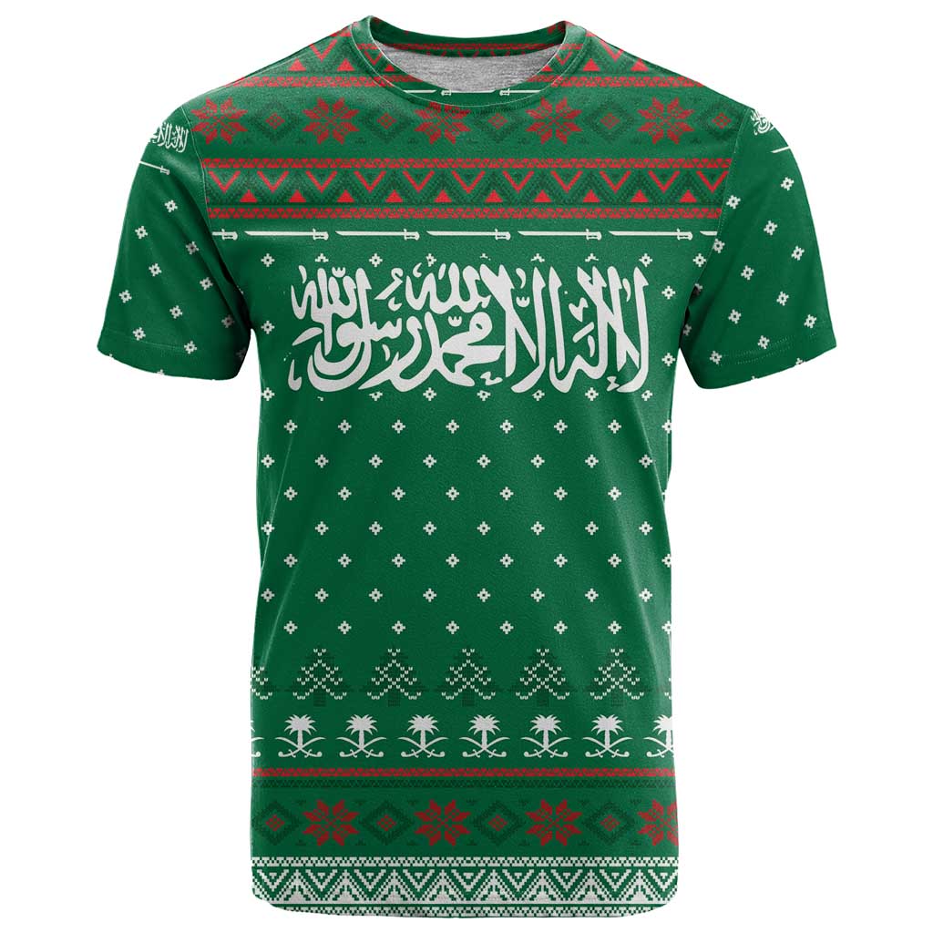 Saudi Arabia Christmas T Shirt with Green Pattern, Traditional Script Motif, and Camel Caravan Silhouette - Wonder Print Shop