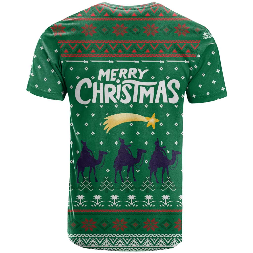 Saudi Arabia Christmas T Shirt with Green Pattern, Traditional Script Motif, and Camel Caravan Silhouette - Wonder Print Shop