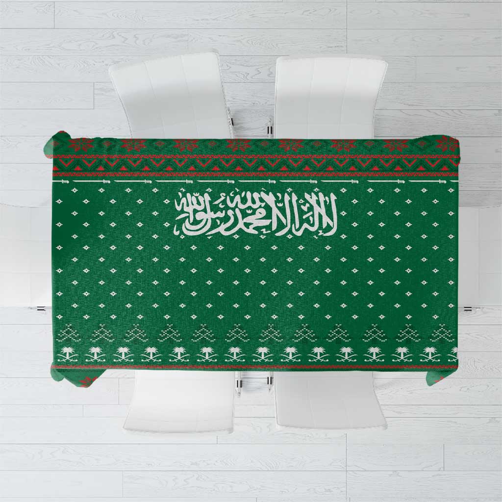 Saudi Arabia Christmas Tablecloth with Green Pattern, Traditional Script Motif, and Camel Caravan Silhouette - Wonder Print Shop