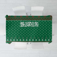 Saudi Arabia Christmas Tablecloth with Green Pattern, Traditional Script Motif, and Camel Caravan Silhouette - Wonder Print Shop