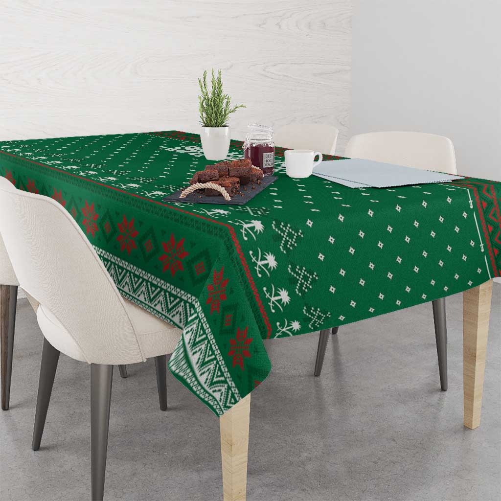 Saudi Arabia Christmas Tablecloth with Green Pattern, Traditional Script Motif, and Camel Caravan Silhouette - Wonder Print Shop