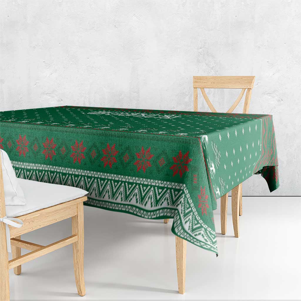 Saudi Arabia Christmas Tablecloth with Green Pattern, Traditional Script Motif, and Camel Caravan Silhouette - Wonder Print Shop