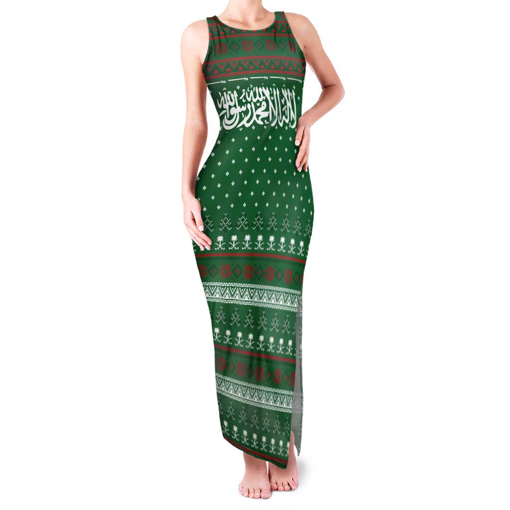 Saudi Arabia Christmas Tank Maxi Dress with Green Pattern, Traditional Script Motif, and Camel Caravan Silhouette - Wonder Print Shop