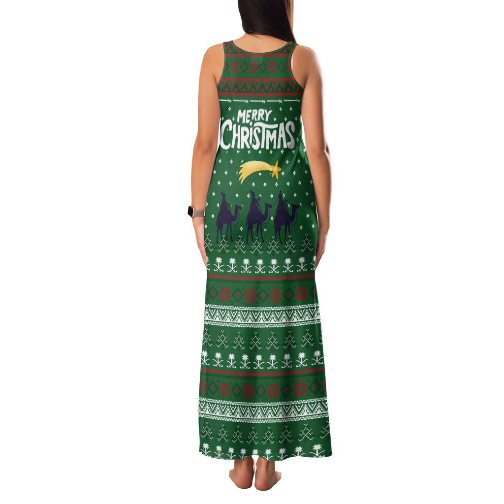 Saudi Arabia Christmas Tank Maxi Dress with Green Pattern, Traditional Script Motif, and Camel Caravan Silhouette - Wonder Print Shop