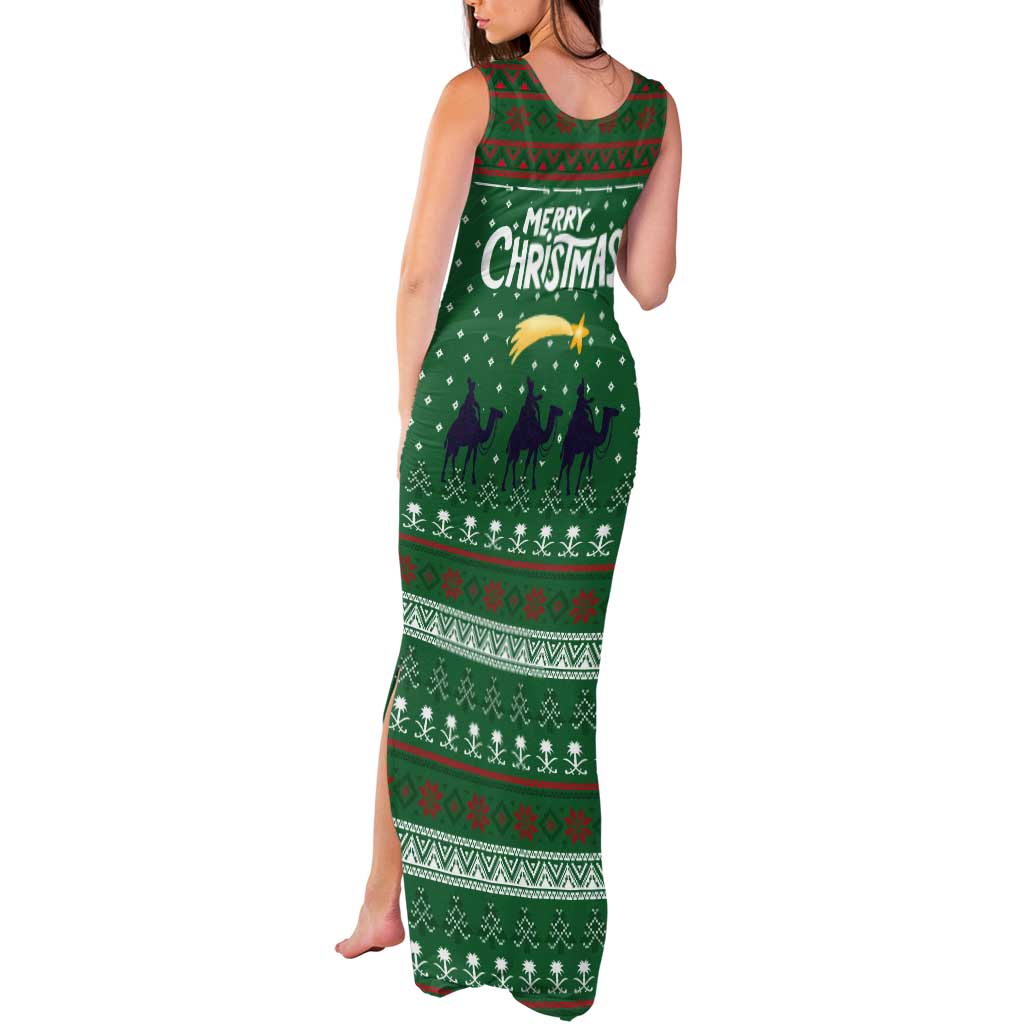 Saudi Arabia Christmas Tank Maxi Dress with Green Pattern, Traditional Script Motif, and Camel Caravan Silhouette - Wonder Print Shop