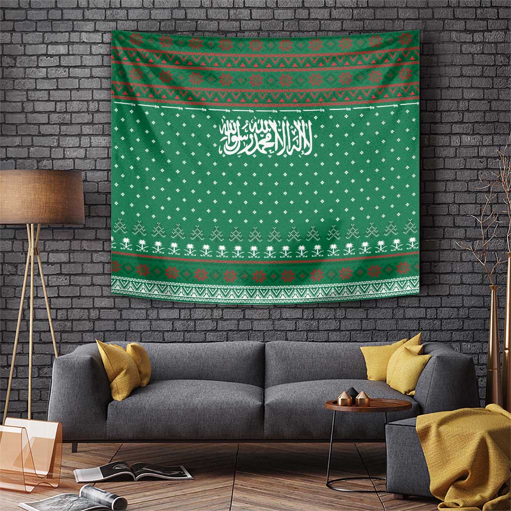 Saudi Arabia Christmas Tapestry with Green Pattern, Traditional Script Motif, and Camel Caravan Silhouette - Wonder Print Shop