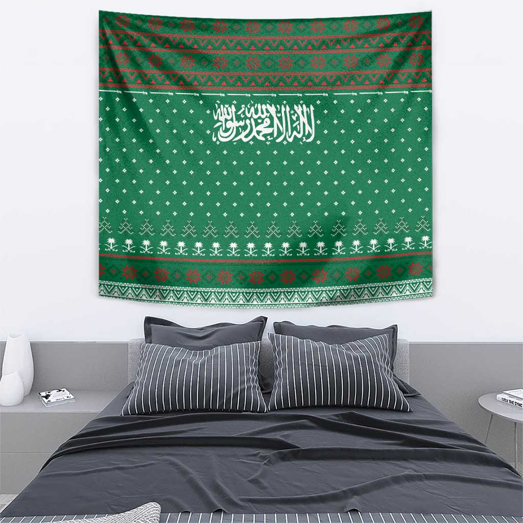 Saudi Arabia Christmas Tapestry with Green Pattern, Traditional Script Motif, and Camel Caravan Silhouette - Wonder Print Shop