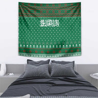 Saudi Arabia Christmas Tapestry with Green Pattern, Traditional Script Motif, and Camel Caravan Silhouette - Wonder Print Shop