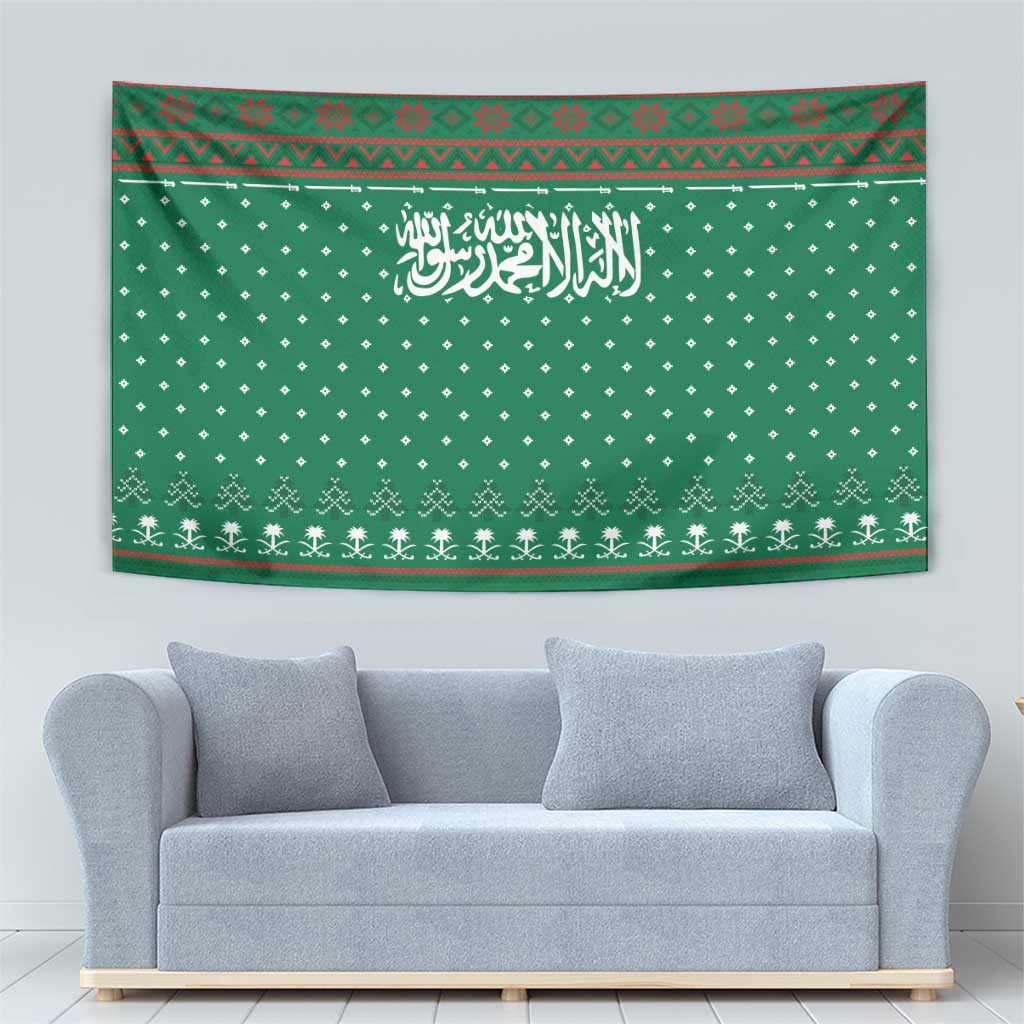Saudi Arabia Christmas Tapestry with Green Pattern, Traditional Script Motif, and Camel Caravan Silhouette - Wonder Print Shop
