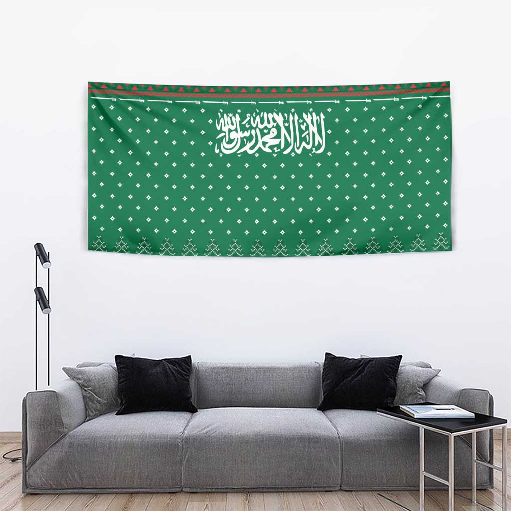Saudi Arabia Christmas Tapestry with Green Pattern, Traditional Script Motif, and Camel Caravan Silhouette - Wonder Print Shop
