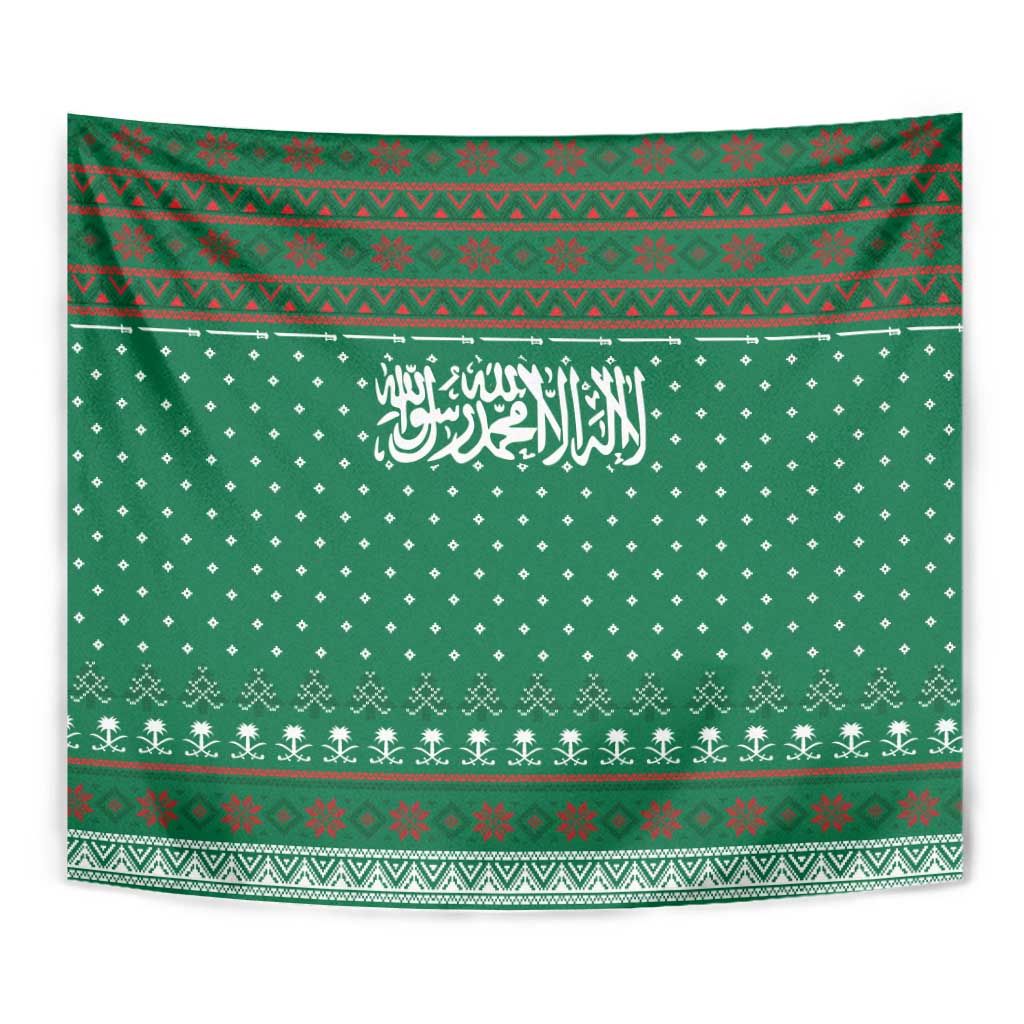 Saudi Arabia Christmas Tapestry with Green Pattern, Traditional Script Motif, and Camel Caravan Silhouette - Wonder Print Shop
