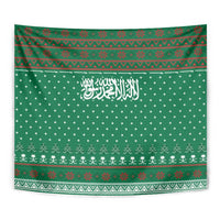 Saudi Arabia Christmas Tapestry with Green Pattern, Traditional Script Motif, and Camel Caravan Silhouette - Wonder Print Shop