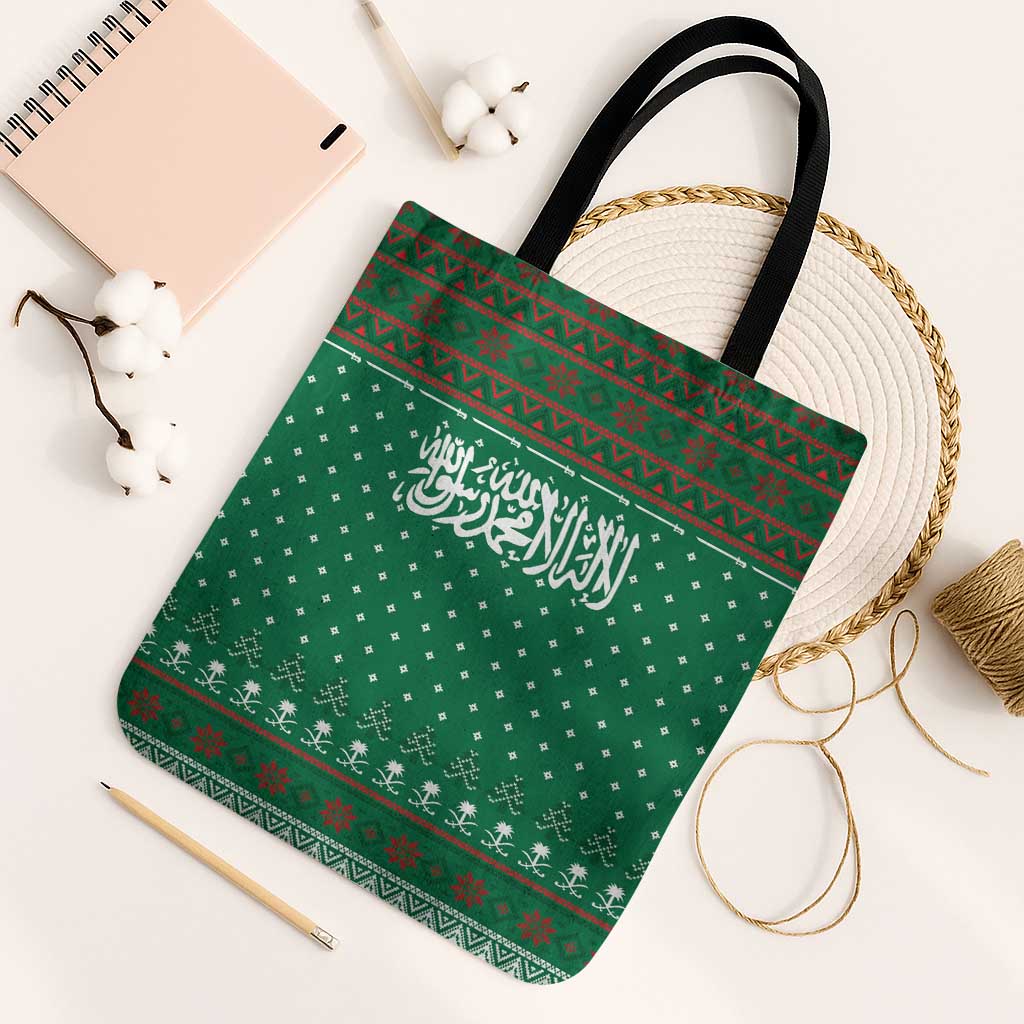 Saudi Arabia Christmas Tote Bag with Green Pattern, Traditional Script Motif, and Camel Caravan Silhouette - Wonder Print Shop