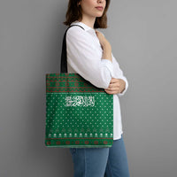 Saudi Arabia Christmas Tote Bag with Green Pattern, Traditional Script Motif, and Camel Caravan Silhouette - Wonder Print Shop
