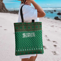 Saudi Arabia Christmas Tote Bag with Green Pattern, Traditional Script Motif, and Camel Caravan Silhouette - Wonder Print Shop