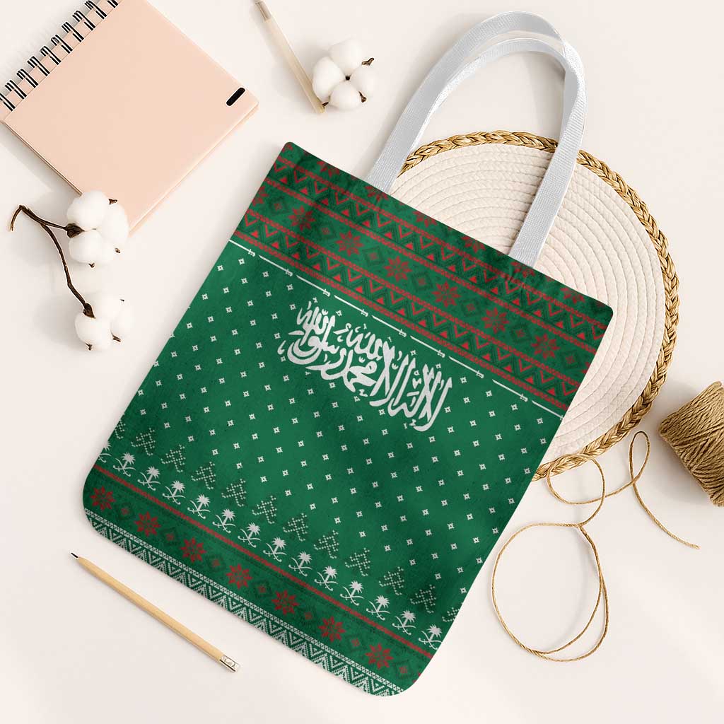 Saudi Arabia Christmas Tote Bag with Green Pattern, Traditional Script Motif, and Camel Caravan Silhouette - Wonder Print Shop