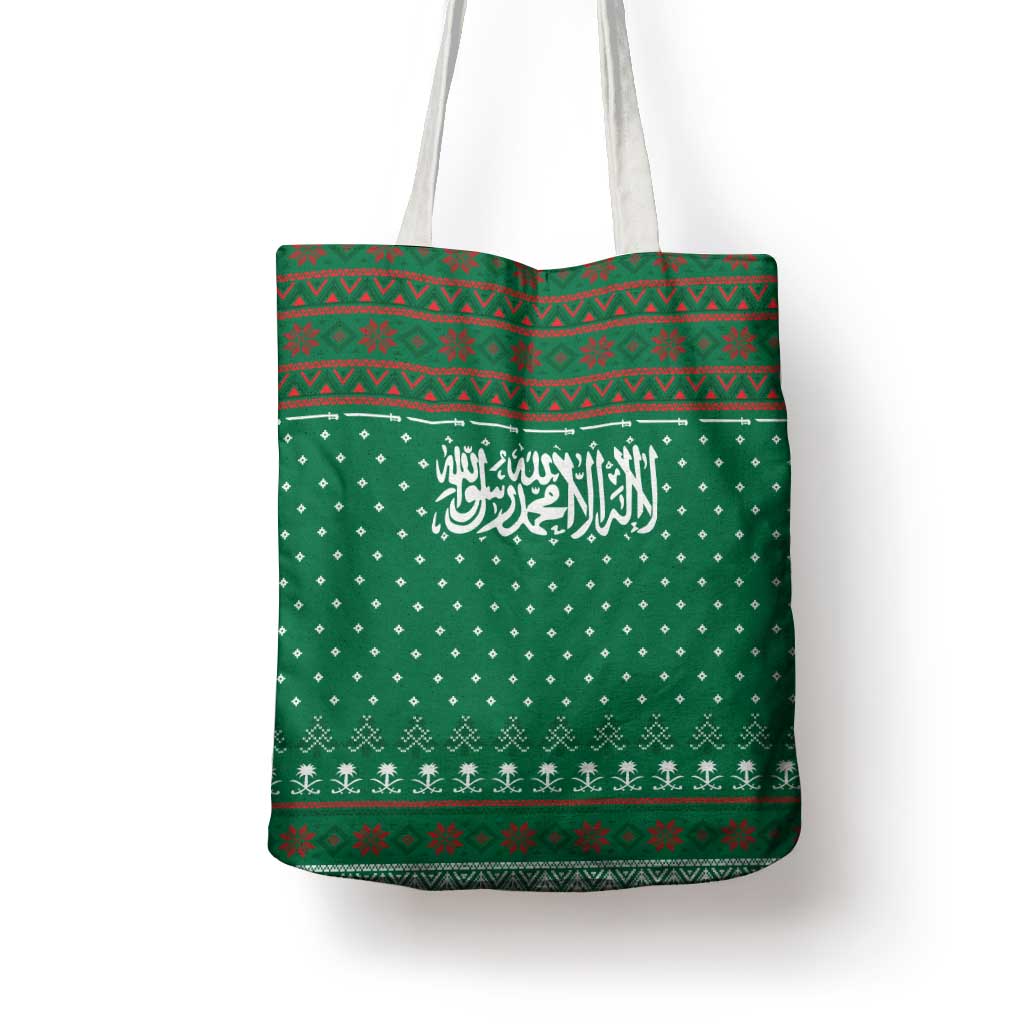 Saudi Arabia Christmas Tote Bag with Green Pattern, Traditional Script Motif, and Camel Caravan Silhouette - Wonder Print Shop