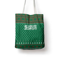 Saudi Arabia Christmas Tote Bag with Green Pattern, Traditional Script Motif, and Camel Caravan Silhouette - Wonder Print Shop