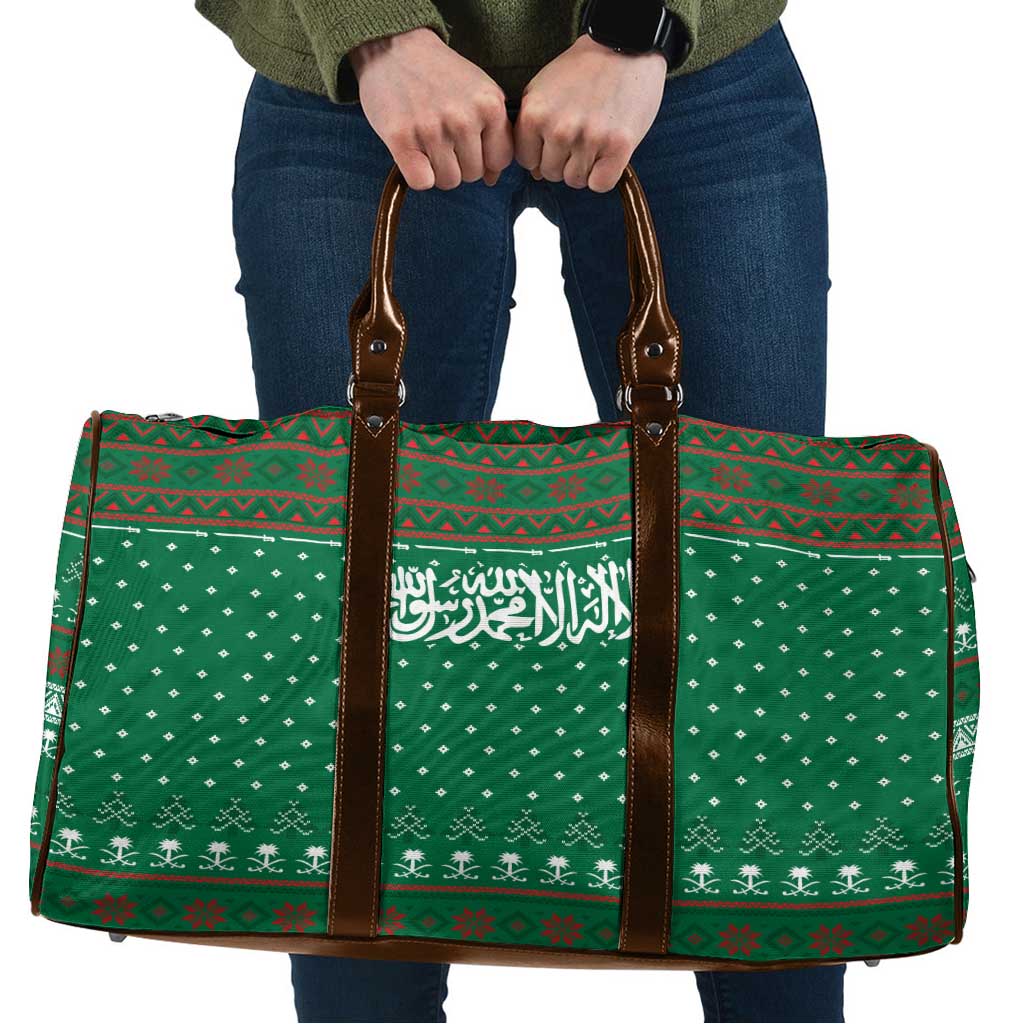 Saudi Arabia Christmas Travel Bag with Green Pattern, Traditional Script Motif, and Camel Caravan Silhouette - Wonder Print Shop
