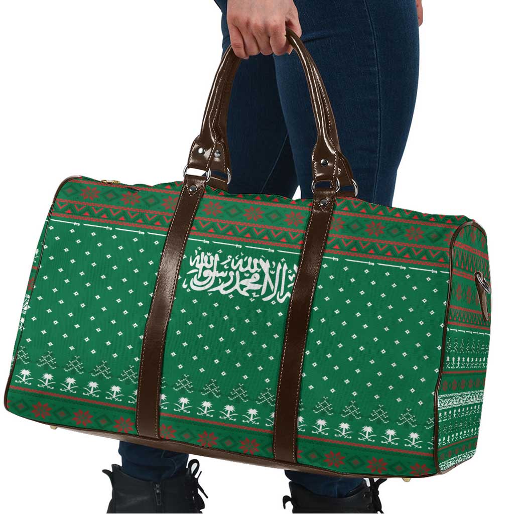 Saudi Arabia Christmas Travel Bag with Green Pattern, Traditional Script Motif, and Camel Caravan Silhouette - Wonder Print Shop