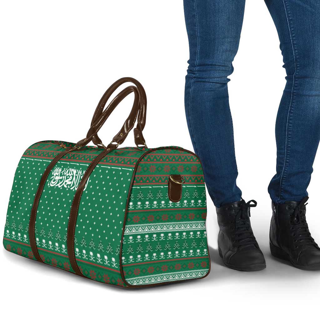 Saudi Arabia Christmas Travel Bag with Green Pattern, Traditional Script Motif, and Camel Caravan Silhouette - Wonder Print Shop