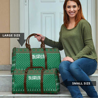 Saudi Arabia Christmas Travel Bag with Green Pattern, Traditional Script Motif, and Camel Caravan Silhouette - Wonder Print Shop