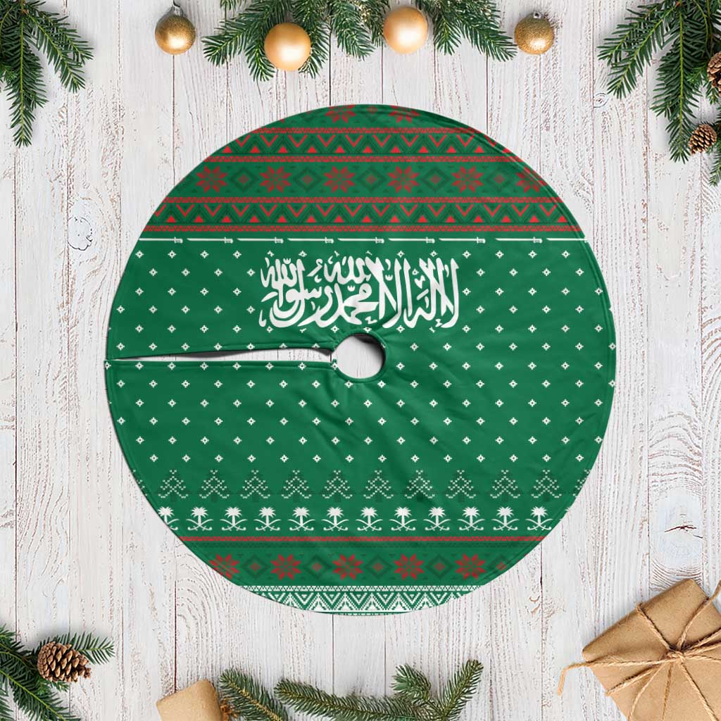 Saudi Arabia Christmas Tree Skirt with Green Pattern, Traditional Script Motif, and Camel Caravan Silhouette - Wonder Print Shop