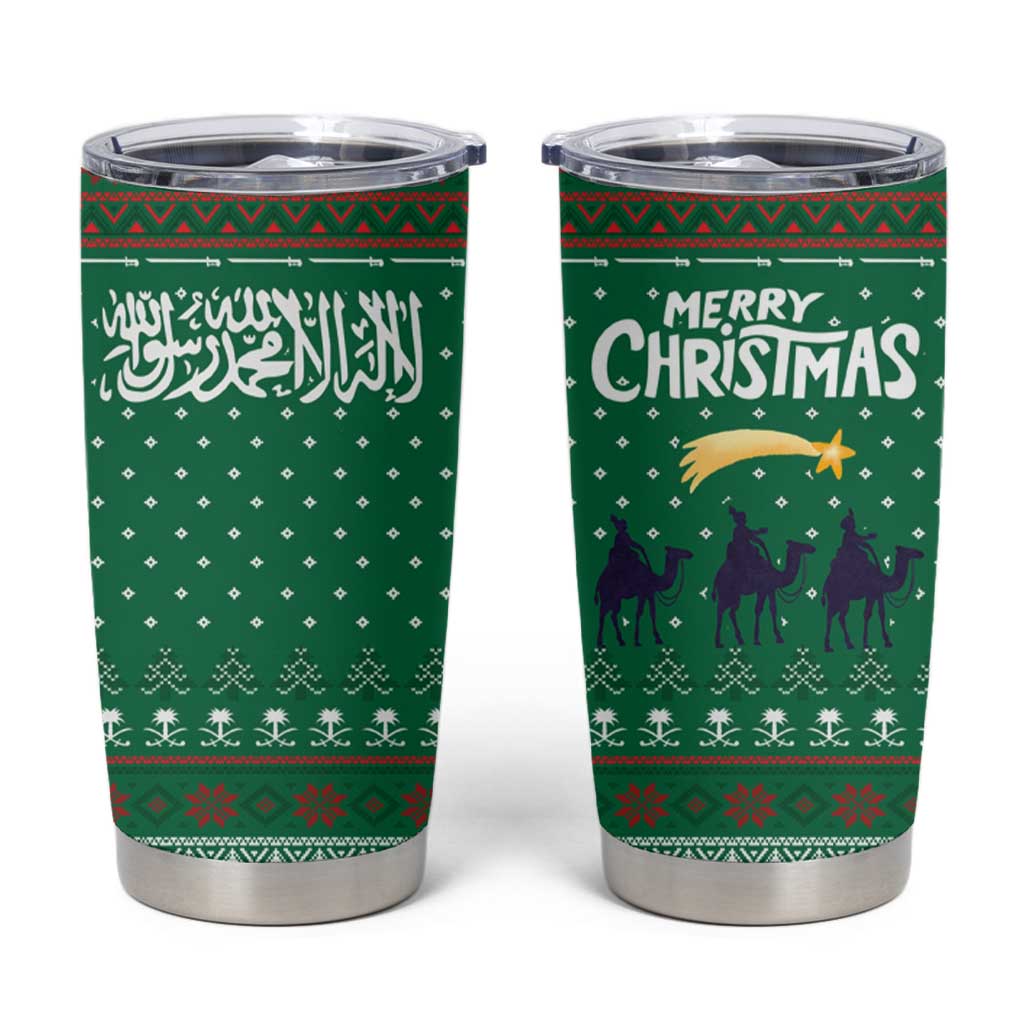 Saudi Arabia Christmas Tumbler Cup with Green Pattern, Traditional Script Motif, and Camel Caravan Silhouette - Wonder Print Shop
