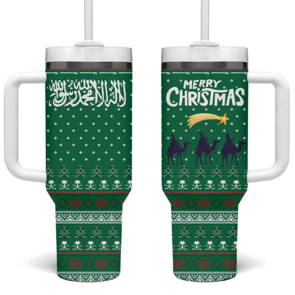 Saudi Arabia Christmas Tumbler With Handle with Green Pattern, Traditional Script Motif, and Camel Caravan Silhouette - Wonder Print Shop