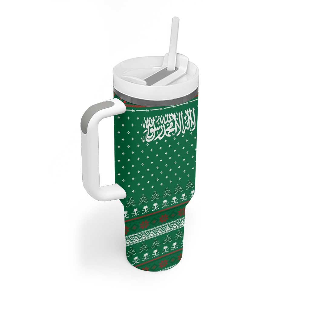Saudi Arabia Christmas Tumbler With Handle with Green Pattern, Traditional Script Motif, and Camel Caravan Silhouette - Wonder Print Shop