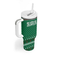 Saudi Arabia Christmas Tumbler With Handle with Green Pattern, Traditional Script Motif, and Camel Caravan Silhouette - Wonder Print Shop