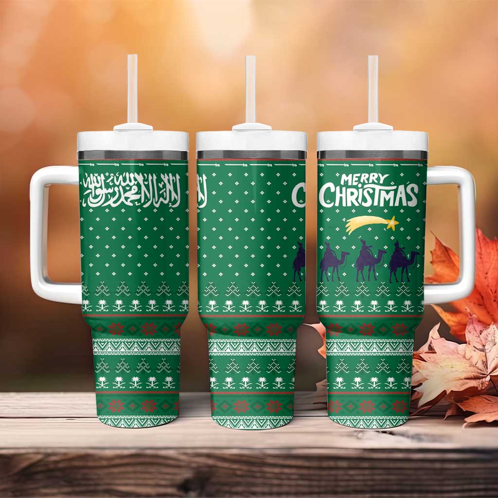 Saudi Arabia Christmas Tumbler With Handle with Green Pattern, Traditional Script Motif, and Camel Caravan Silhouette - Wonder Print Shop