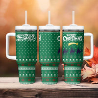 Saudi Arabia Christmas Tumbler With Handle with Green Pattern, Traditional Script Motif, and Camel Caravan Silhouette - Wonder Print Shop