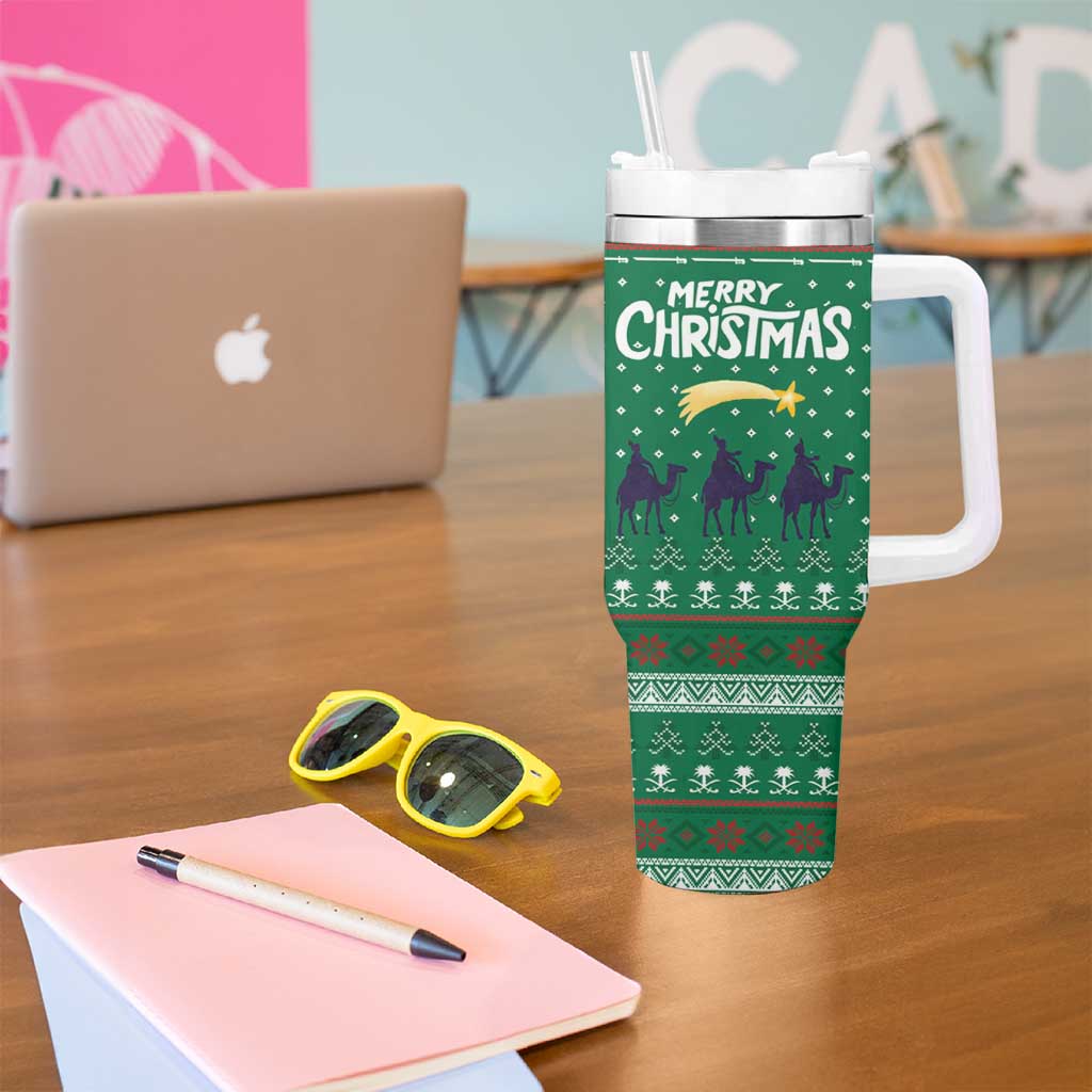 Saudi Arabia Christmas Tumbler With Handle with Green Pattern, Traditional Script Motif, and Camel Caravan Silhouette - Wonder Print Shop