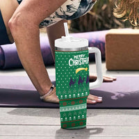 Saudi Arabia Christmas Tumbler With Handle with Green Pattern, Traditional Script Motif, and Camel Caravan Silhouette - Wonder Print Shop