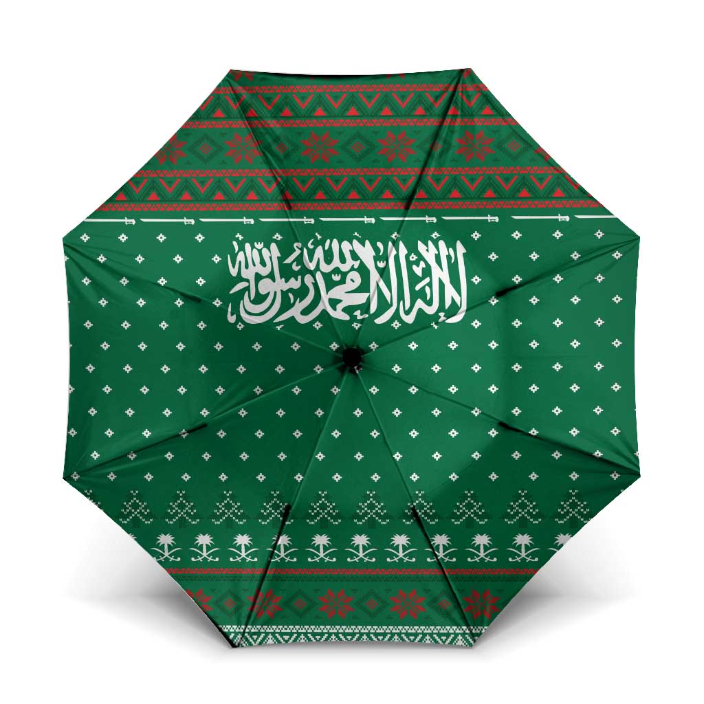 Saudi Arabia Christmas Umbrella with Green Pattern, Traditional Script Motif, and Camel Caravan Silhouette - Wonder Print Shop