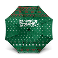 Saudi Arabia Christmas Umbrella with Green Pattern, Traditional Script Motif, and Camel Caravan Silhouette - Wonder Print Shop