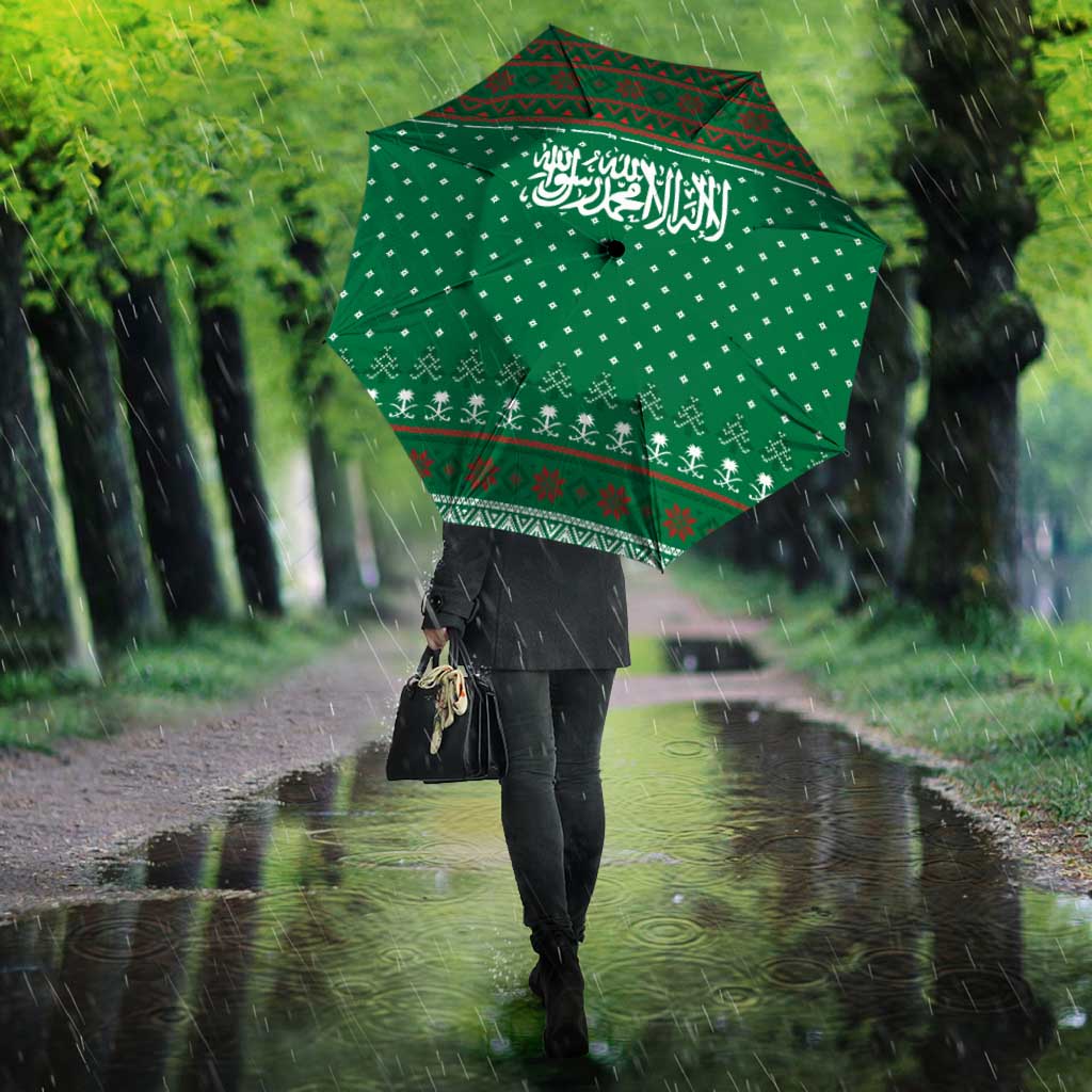 Saudi Arabia Christmas Umbrella with Green Pattern, Traditional Script Motif, and Camel Caravan Silhouette - Wonder Print Shop