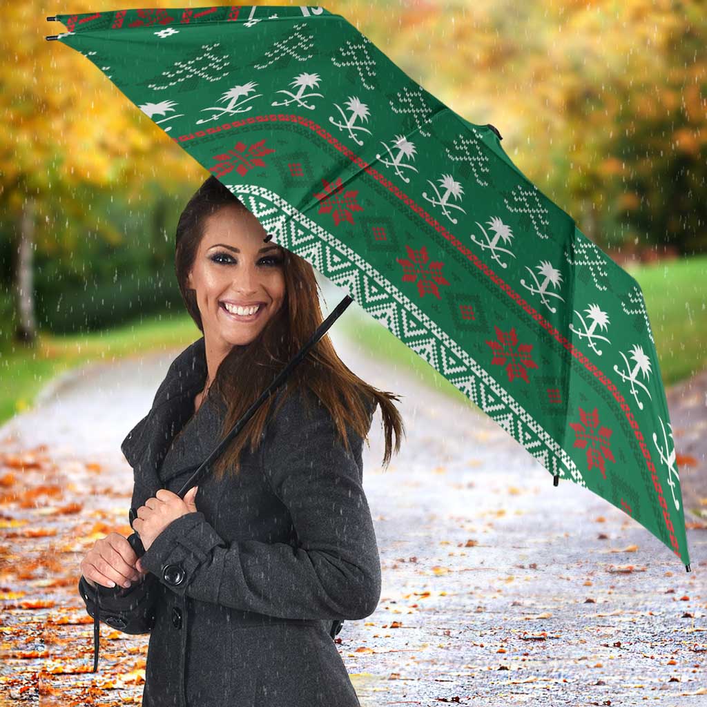 Saudi Arabia Christmas Umbrella with Green Pattern, Traditional Script Motif, and Camel Caravan Silhouette - Wonder Print Shop