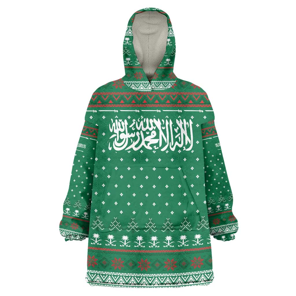 Saudi Arabia Christmas Wearable Blanket Hoodie with Green Pattern, Traditional Script Motif, and Camel Caravan Silhouette - Wonder Print Shop