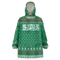 Saudi Arabia Christmas Wearable Blanket Hoodie with Green Pattern, Traditional Script Motif, and Camel Caravan Silhouette - Wonder Print Shop